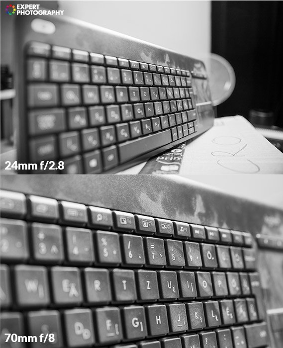 две фотографии клавиатуры компьютера, сделанные с разной диафрагмой