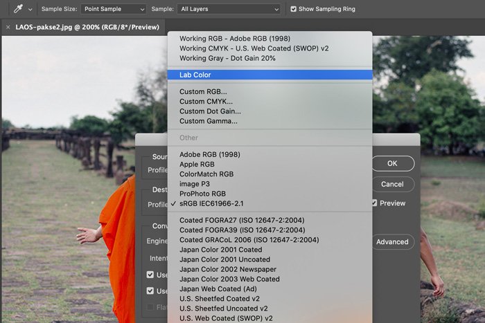 скриншот, показывающий, как установить Lab Color в Photoshop