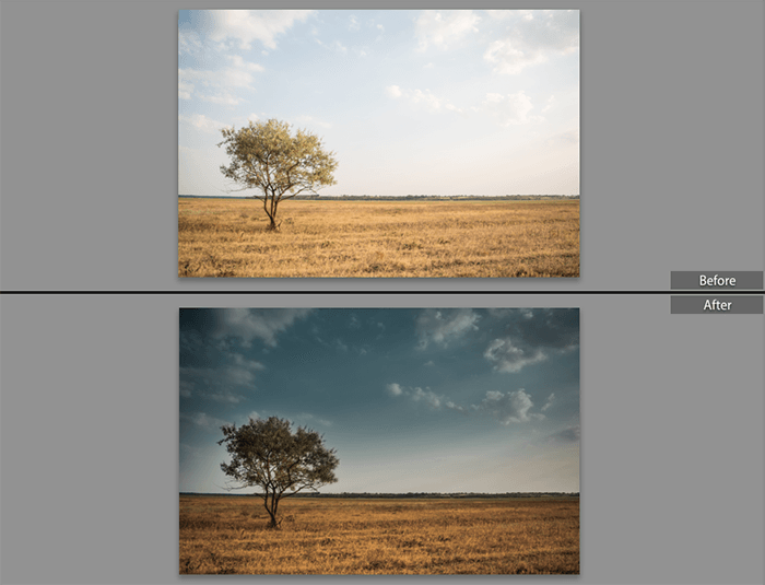 До и после использования градуированного фильтра в Lightroom