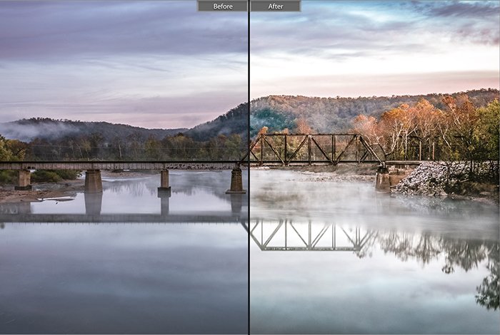 Разделенное изображение до и после редактирования с помощью пресета Classic bright lightroom на пейзажной фотографии