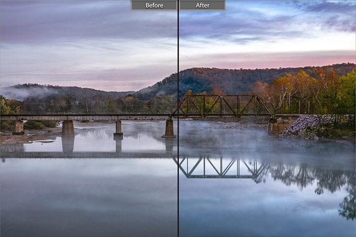 Сплит-изображение до и после редактирования пейзажной фотографии с помощью пресета Dull Slot Canyon