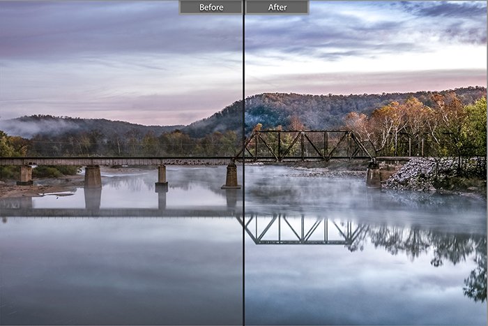 Split image showing before and after editing with High Contrast Scene Light Shadows lightroom presets on the landscape photo