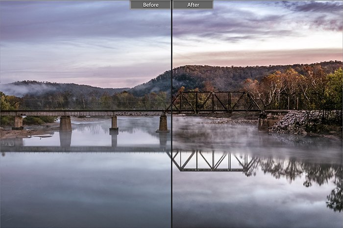 Сплит-изображение до и после редактирования с помощью пресета Magic Nature для пейзажной фотографии