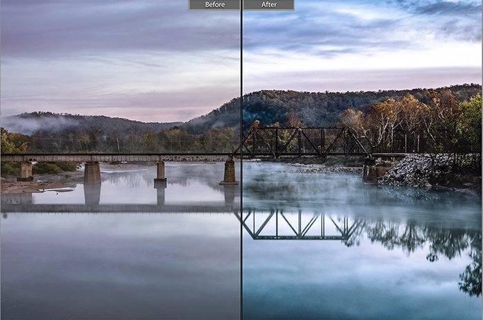 Split image showing before and after editing with Sucker Punch lightroom presets on the landscape photo
