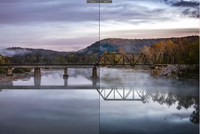 Сплит-изображение до и после редактирования пейзажной фотографии с помощью пресета Summer Breeze