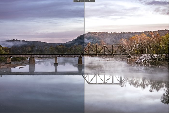 Сплит-изображение до и после редактирования пейзажной фотографии с помощью пресета Summertime lightroom