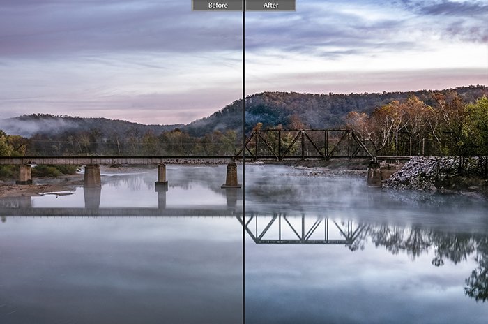 Сплит-изображение до и после редактирования с помощью пресетов Wanderlust lightroom для пейзажных фотографий