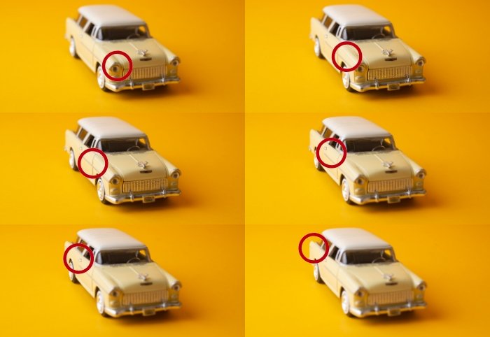 6 изображений сетки игрушечного автомобиля с кругом, указывающим фокальную плоскость каждого