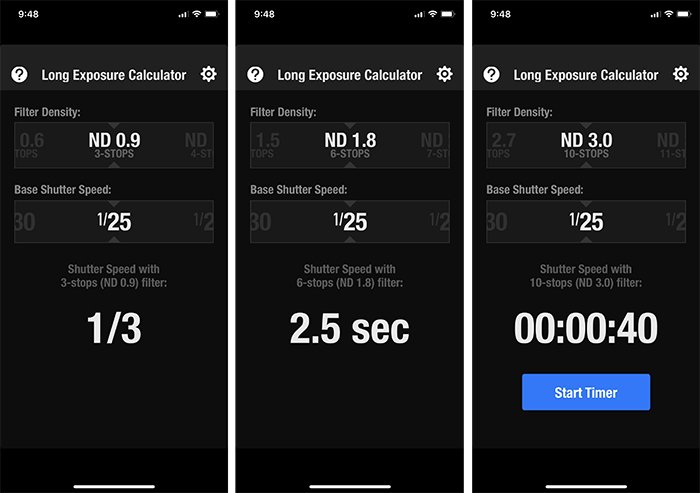 Снимок экрана приложения Long Exposure Calculator, показывающий базовую выдержку 1/25 секунды и изменения выдержки в зависимости от того, какой ND-фильтр я выбираю.