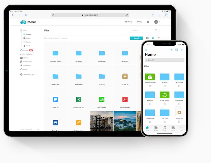 Скриншот приложения для хранения файлов pCloud на iPad и iPhone