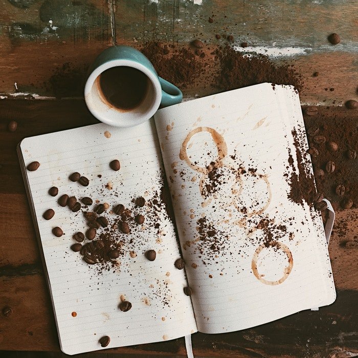 Coffee Splash Photography: overhead photo of the open notebook with small mug of coffee next to it