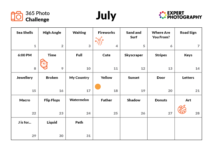 July Photo Challenge calendar 