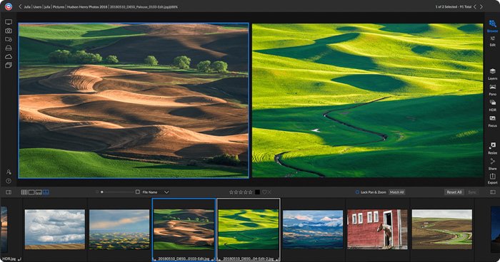 скриншот интерфейса программы редактирования on1 с изображением холмов в бежевых и зеленых тонах