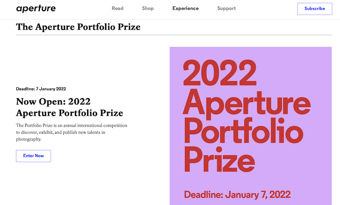 Скриншот сайта Aperture Portfolio Prize, конкурса фотографий