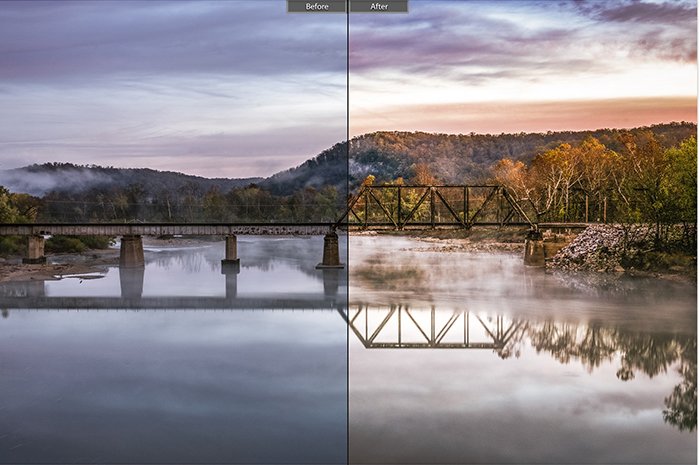изображение моста до и после с постобработкой и без нее