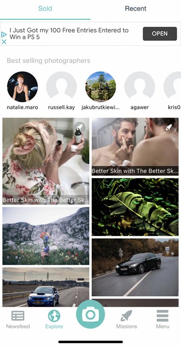 Screenshot of FOAP app explore page showing recently sold photos