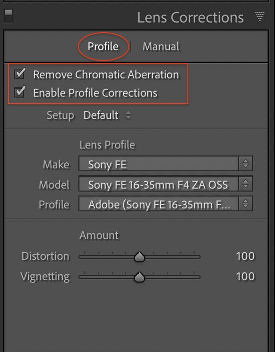 Скриншот Lightroom Classic Lens Correction panel
