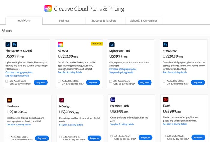 Screenshot Adobes Creative Cloud pricing