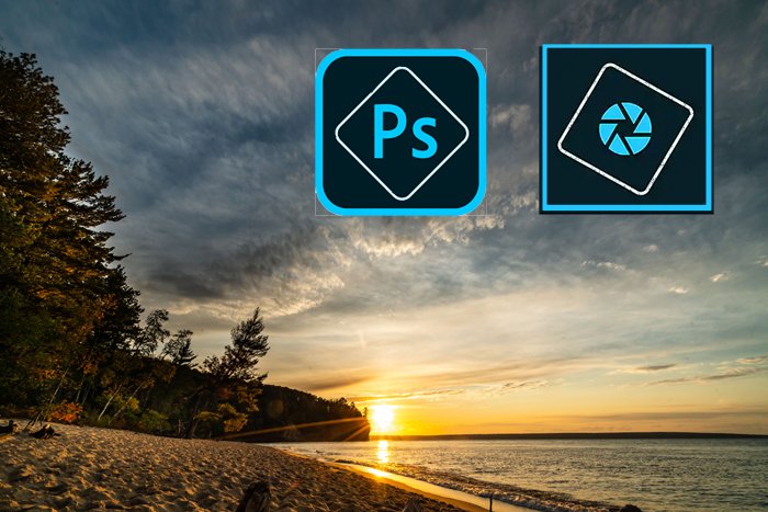 Иконки Photoshop и Photoshop Elements наложены на изображение закатного пляжа