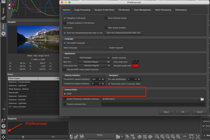 Скриншот окна предпочтений IOS RawTherapees, показывающий GIMP как выбранный внешний редактор