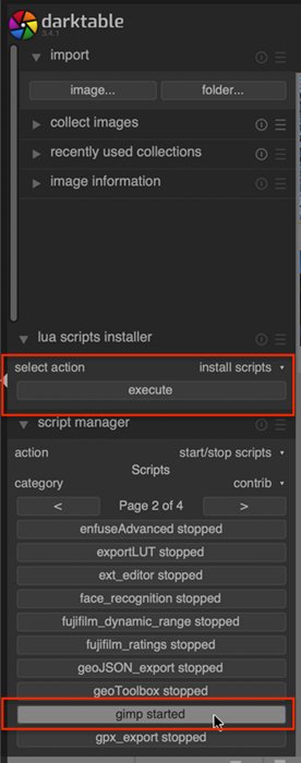 Скриншот Darktable, показывающий место выполнения скрипта GIMP в рабочей области Lighttable