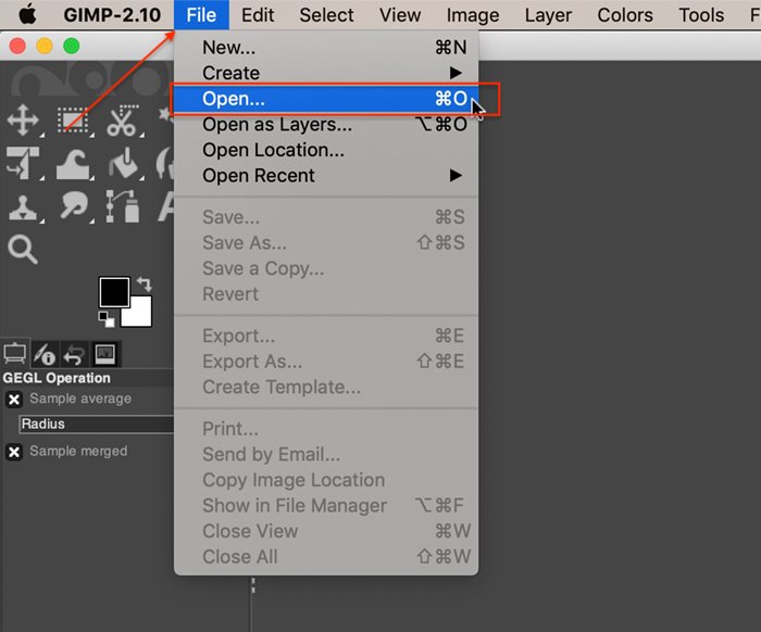 Скриншот GIMP, показывающий, как открыть файл