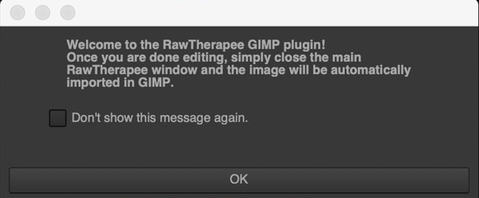 Скриншот приветственного сообщения плагина RawTherapee