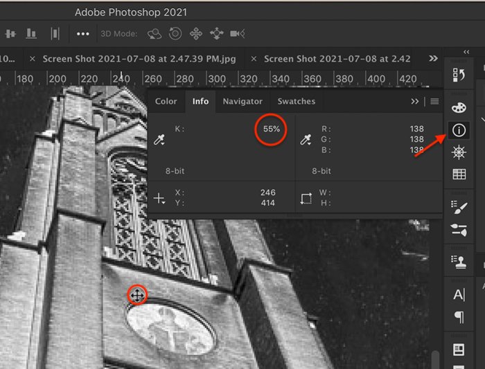 Скриншот информационной панели Photoshop, показывающий значение 55% для выбранных пикселей