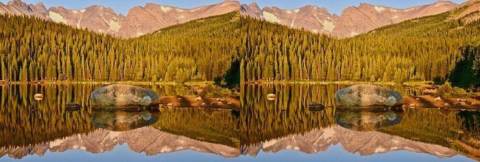 3D фотография пейзаж стерео фото гор, леса и озера с отражением