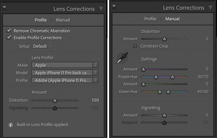Lightroom screenshots lens correction panel