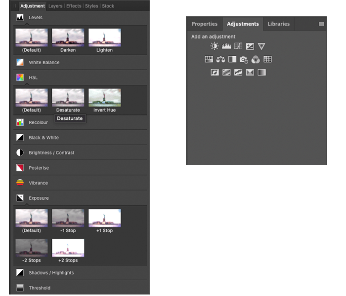 Affinity vs Photoshop Adjustment panels