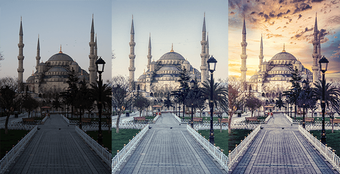 Blue Mosque Istanbul original then edited twice using ai photo editor software