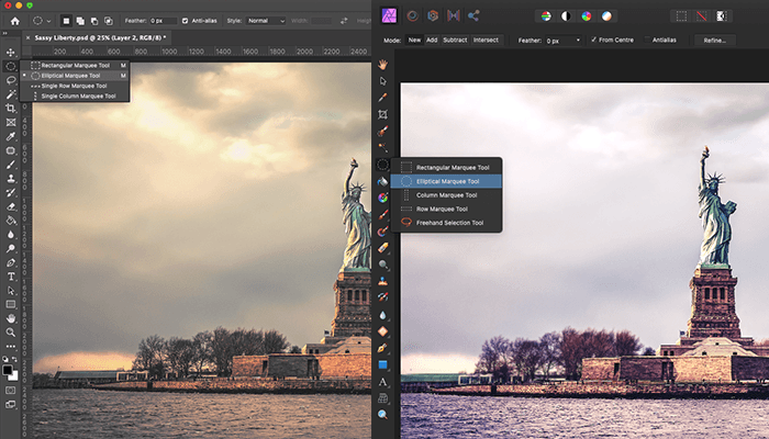 Affinity vs Photoshop tool bar menu flyout