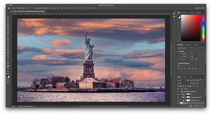 Скриншот интерфейса adobe photoshop с изображением статуи свободы