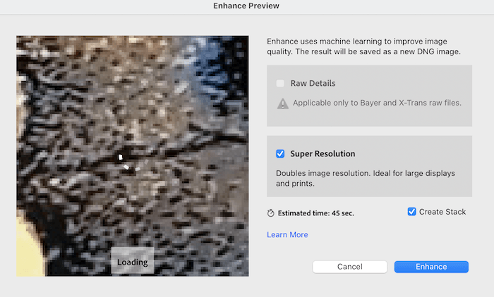 Предварительный просмотр улучшения изображения в Lightroom, показывающий опцию Super Resolution для увеличения изображения