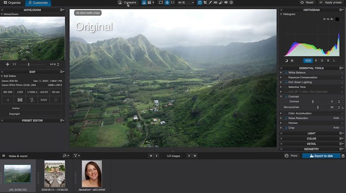 Скриншот интерфейса альтернативного Lightroom программного обеспечения DxO Photo Lab с сочной зеленой пейзажной фотографией горной долины