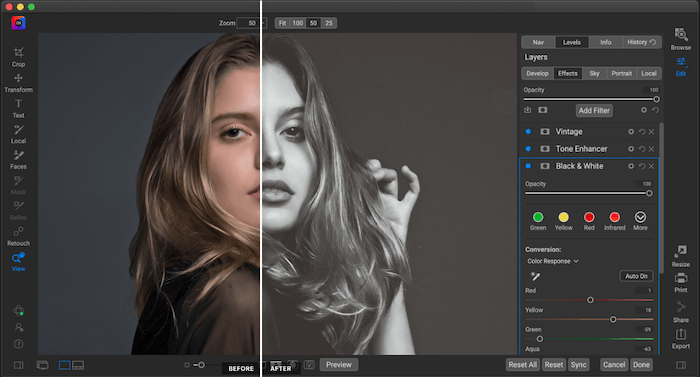 Скриншот интерфейса программы ON1 Photo RAW, альтернативной Lightroom, с разделенным на два экрана портретом женщины до и после редактирования