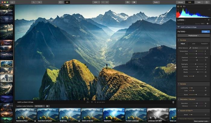 Скриншот интерфейса программы Sky Luminar, альтернативной Lightroom, с фотографией горного пейзажа