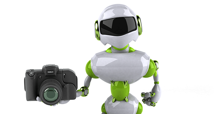 best ai camera apps: an image of the small robot holding a DSLR on the white background