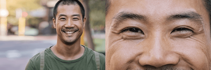 AI Photography: Боковое сравнение портрета мужчины и увеличенного изображения его черт лица