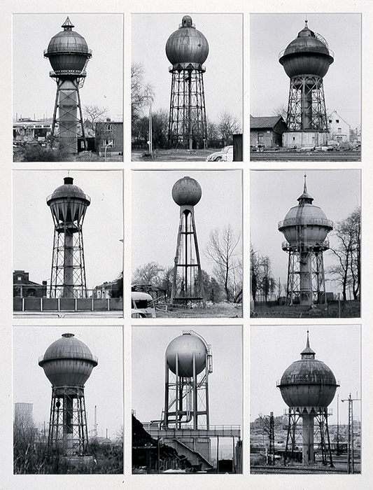 Черно-белая типология девяти водонапорных башен в сетке от Хиллы и Бернда Бехер, известных архитектурных фотографов