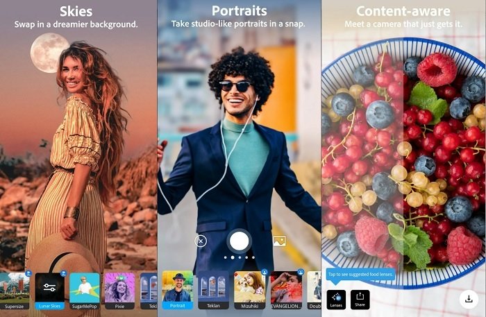лучшее приложение камеры для android: реклама приложения Adobe Photoshop Camera показывает некоторые из его функций и возможностей