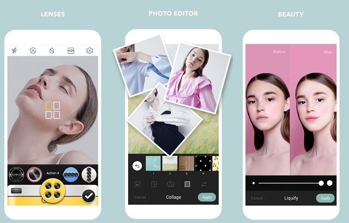 лучшее приложение камеры для android: графическая реклама приложения Cymera, показывающая некоторые из его возможностей