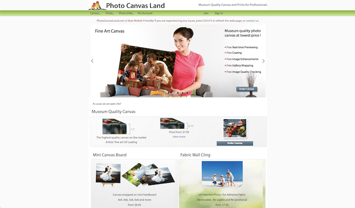 Лучшие услуги печати на холсте: Screenshot of Photo Canvas Land print website