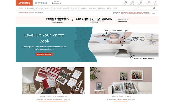 Лучшие сервисы печати на холсте: Screenshot of Shutterfly canvas print website