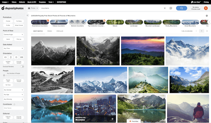 best stock photo sites: screenshot from depositphotos.com after search for mountain landscape