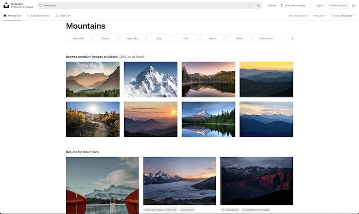лучшие сайты стоковых фотографий: Unsplash.com search results for mountains 