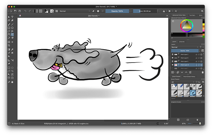 Childich Drawing of Charlie the Spaniel running made in Krita