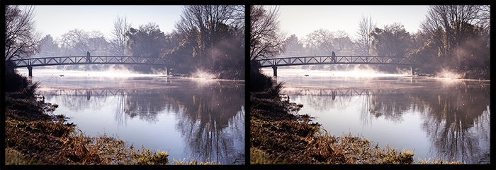 color in photography: side by side comparison of the photo of a bridge over a river