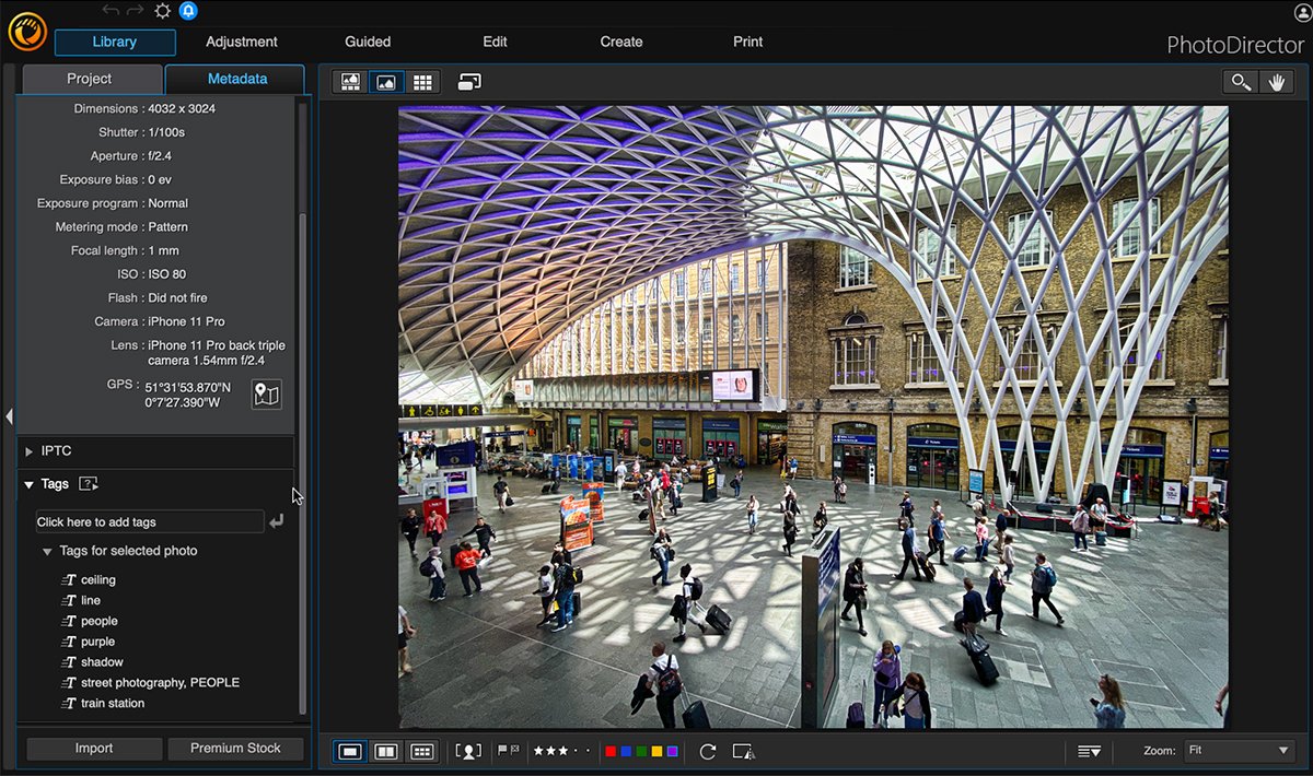 Обзор Cyberlink PhotoDirector: скриншот рабочего пространства и модуля библиотеки